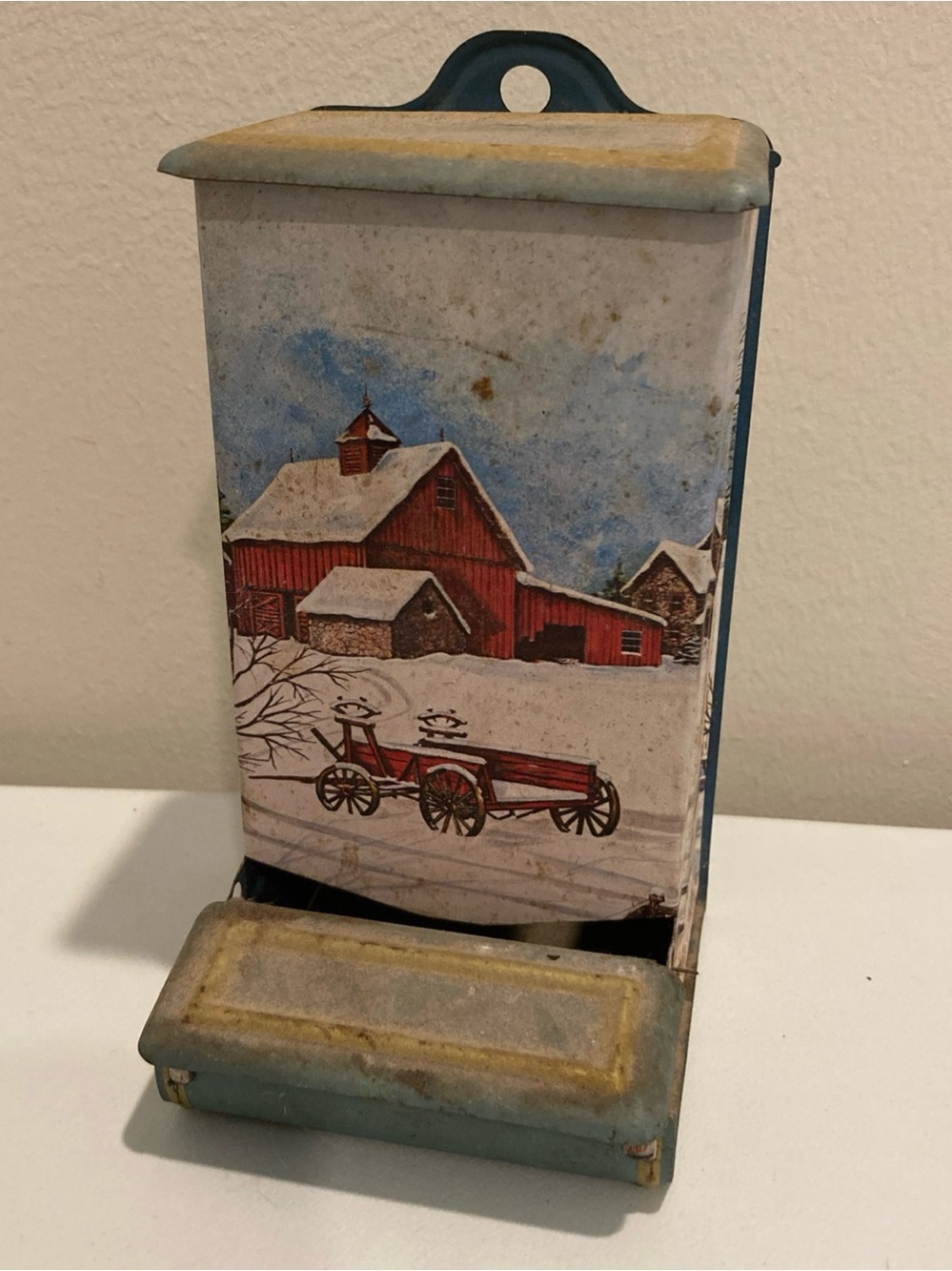Vintage 1960s Jasco Hong Kong 6"x3" Tin Match Holder Snowy Farm Scene *Preowned*
